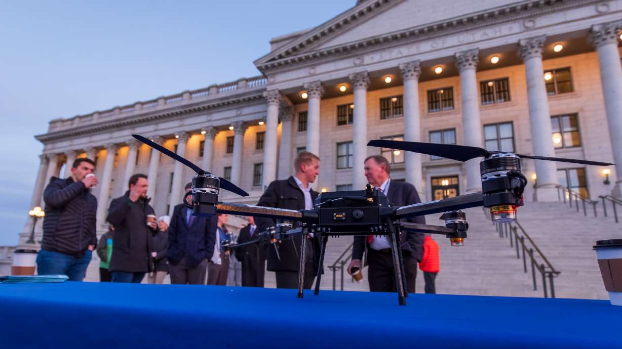 News photo: A drone used for cloud seeding is displayed outside the state Capitol in Salt Lake City on Thursday. Utah Division of Water Resources officials say they started testing drones for cloud seeding for the first time last week. (Carter Williams, KSL.com)